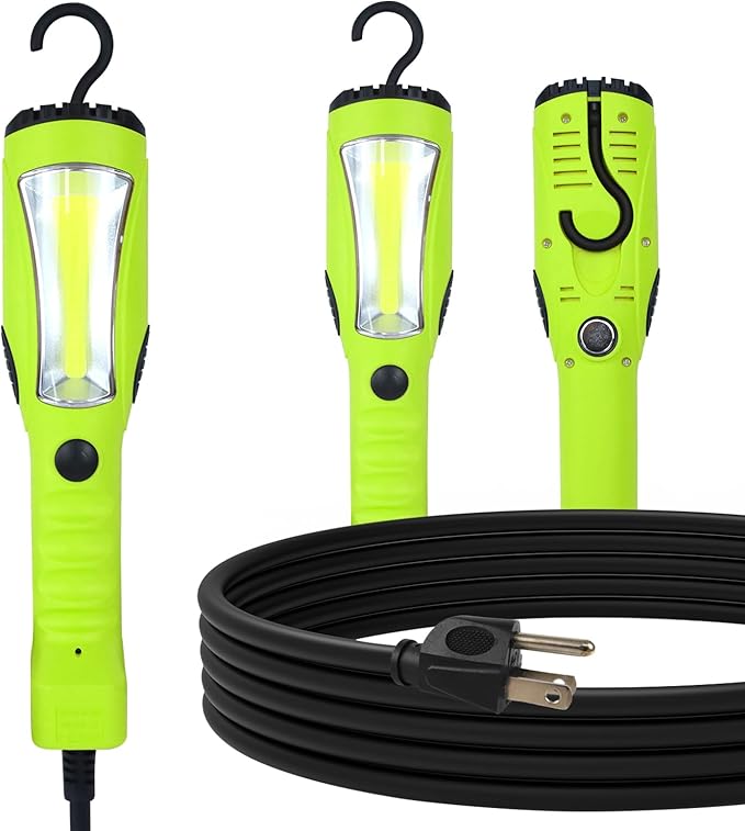 EP 15 Ft LED Work Light, 1200 Lumen COB LED Trouble Light - 16 Gauge SJTW Indoor Outdoor Extension Cord, Handheld, Magnetic Base, Rotatable Hanging Hook - Green