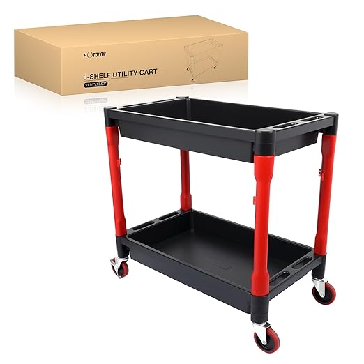 2-Tier Rolling Utility Cart with 4" Swivel Wheels, Heavy-Duty Plastic Tool Cart for Auto Detailing, Garage & Workshop