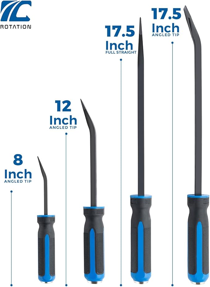 ROTATION 4-Piece Heavy Duty Pry Bar Set with Thicker Hammer Strike Cap and Angled Tip – Ideal for Automotive Repair, Demolition, Nail Pulling