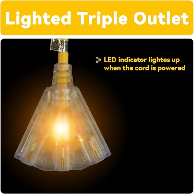 EP 20 Ft 12 Gauge Heavy Duty Extension Cord, 15A 125V 1875W, 3 Outlet Indoor/Outdoor Power Cord with Lighted End, 12/3 SJTW Weatherproof Yellow