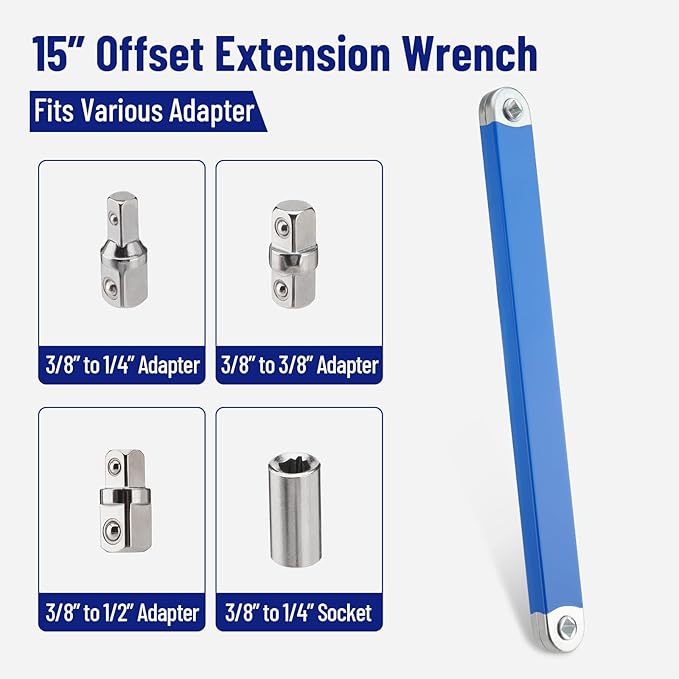 Wrench Extender Tool and Wrench Extender Tool Bar with 1/2 Inch Hole, Offset Extension Wrench Set with 1/2", 1/4" and 3/8" Square Drive Adapters
