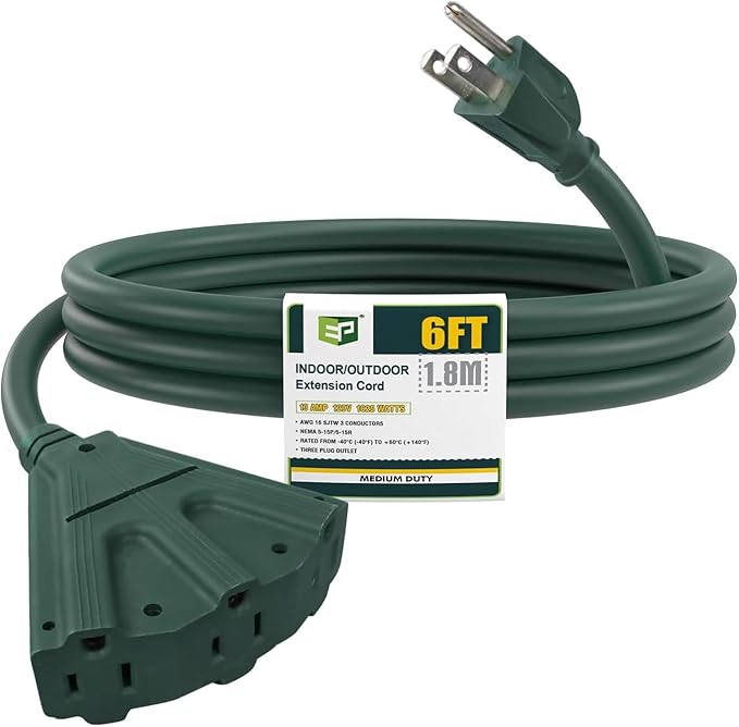 EP 6 Ft Outdoor Extension Cord with 3 Electrical Power Outlets - 16/3 SJTW Green Cable with 3 Prong Grounded Plug for Safety Great for Christmas Lights, Garden and Major Appliances