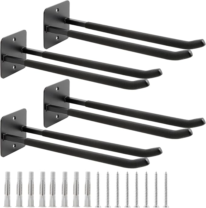Sinoer Heavy Duty Garage Double Hooks, Utility Steel Garage Hooks,14 Inch Square Tube Double Garage Wall Mounting Hooks for Chairs, Ladders, Ropes and Strollers-(4 Pack