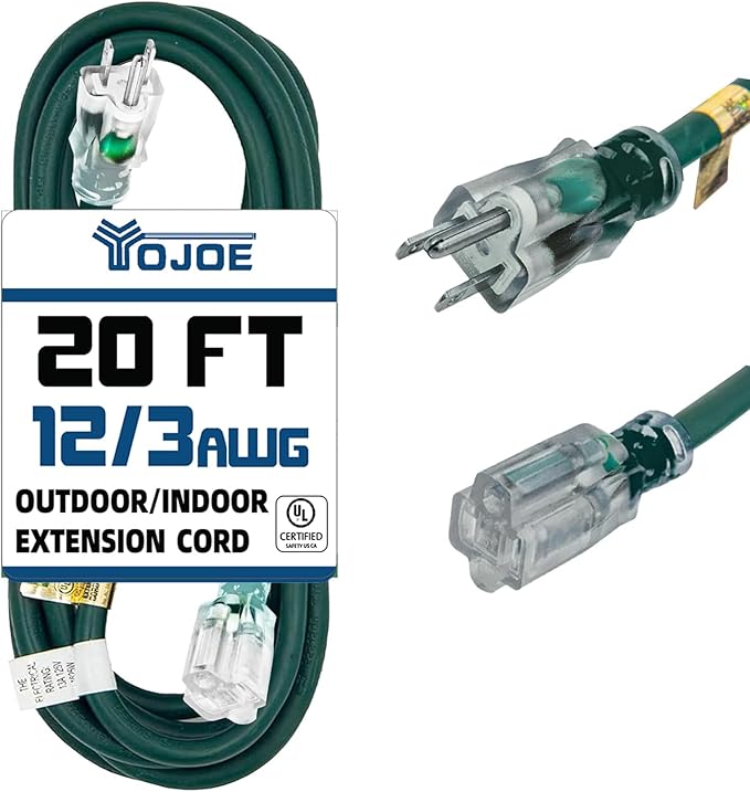 YOJOE Indoor Outdoor Extension Cord with Lighted End, 3 Prong 15A Weatherproof Power Cord, 12 Gauge Heavy Duty 20 ft Green Extension Cord for Garage, Garden and Home, 12/3 SJTW UL Listed