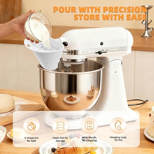 Flour Funnel for Kitchen Aid&Cream Scraper Set, Silicone Food-Grade | Stand Mixer | Leak-Proof Large Capacity Collapsible Design (red, Extended * 1 + Cream Scraper Set)