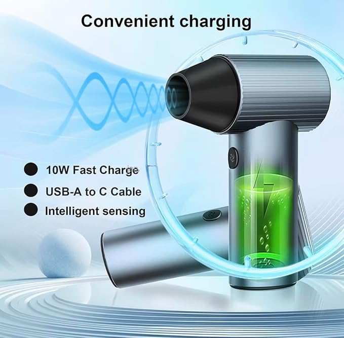 X7 Violent Turbo Fan, Electric Air Duster, 90,000RPM, 40mm High Speed Brushless Motor, Billet Aluminum Case, 500g Wind Pressure, 2.5hr Charge Time, 11.1vdc, 3x21700 li-ion cells, Blue-Gre
