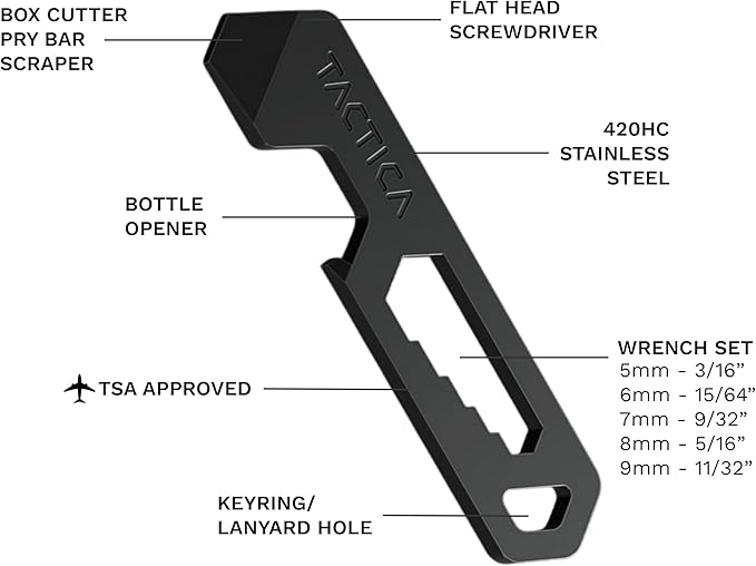 TACTICA M.005 Micro Tool, 6-in-1 Stainless Steel EDC Pry Bar Multitool Keychain, Wrench, Screwdriver and Keychain Bottle Opener, Ultralight Every Day Carry (Black)