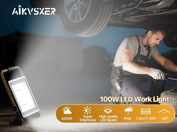 AIKVSXER 12000LM Led Work Light, 100W 6000K Portable Flood Light with 16.4FT Cord & Switch, IP66 Waterproof Worklight for Indoor Outdoor Job Site Repairing Garage Workshop, Gifts for Man