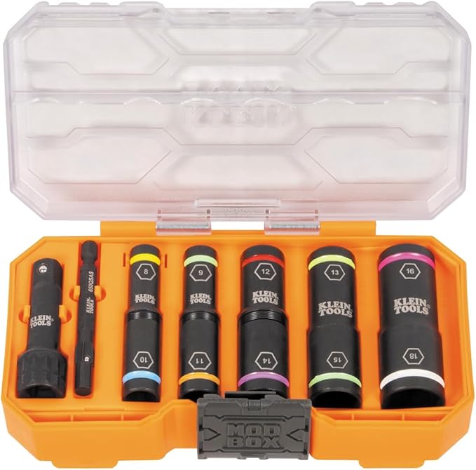 Klein Tools 65619 KNECT Flip-10 Metric Impact Socket Set, Deep Depth, 5 Color-Coded Flip Sockets, 10 Metric Sizes, 1/4 and 3/8-Inch Adapters, MODbox Case