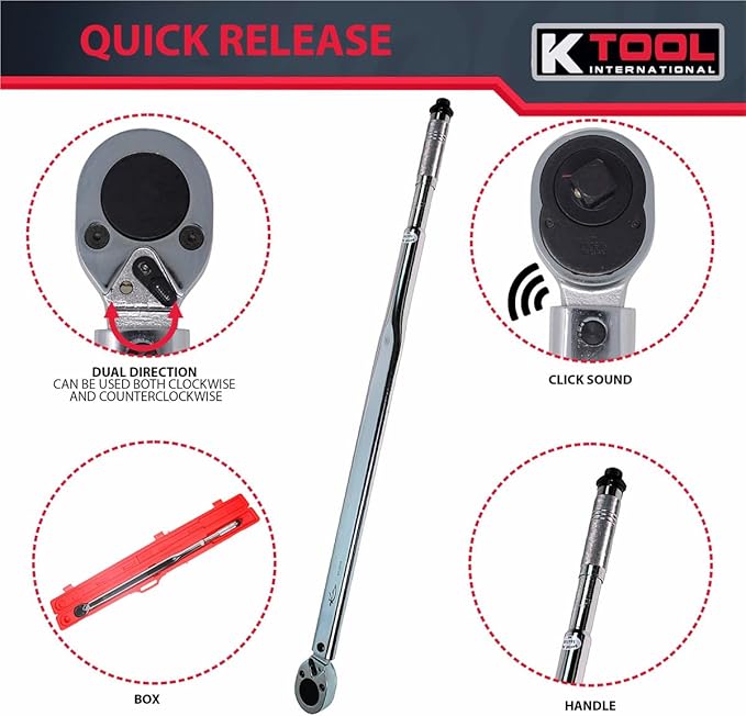 K Tool International 72175 Ratcheting Torque Wrench with 3/4" Drive for Garages, Repair Shops, and DIY, 100-600 ft/lbs., Click Style, Laser Marked Scales, Quick Release, Carrying Case, Non-Slip Handle