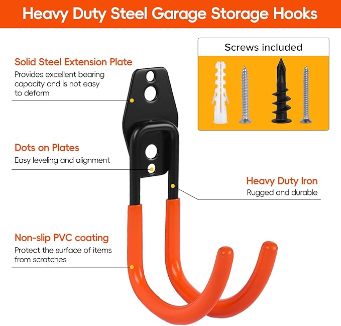 Donext Garage Hooks, 12 Pack Heavy Duty Steel Utility Hooks for Hanging, Wall Mount Garage Storage Hooks for Tools, Ladders, Bikes, Bulky Items, Orange