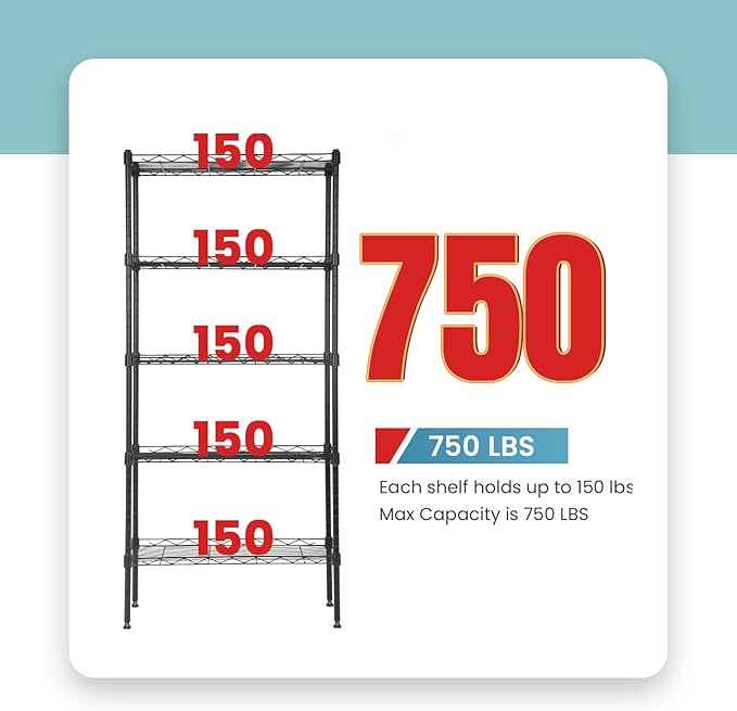 BestOffice Adjustable NSF-Certified Metal Shelf Wire Shelving Unit Storage for Small Places Restaurant Garage Pantry Kitchen Garage Rack (Black, 21.5L x 11.6W x 47.6H)