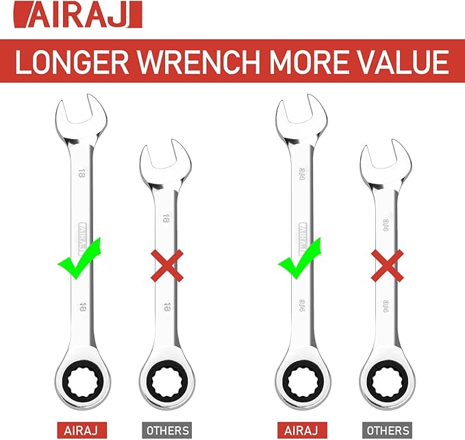 AIRAJ Combination Wrench Set,22-Piece Ratcheting Wrench Set,Long Open End,72-Tooth Ratchet Drive,CR-V Steel,Organizer With Tool Roll Bag,1/4"-3/4" & 6-18mm,SAE & Metric