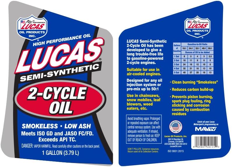 Lucas Oil 10115 Semi-Synthetic 2-Cycle Motor Oil - 1 Gallon (Pack of 4)