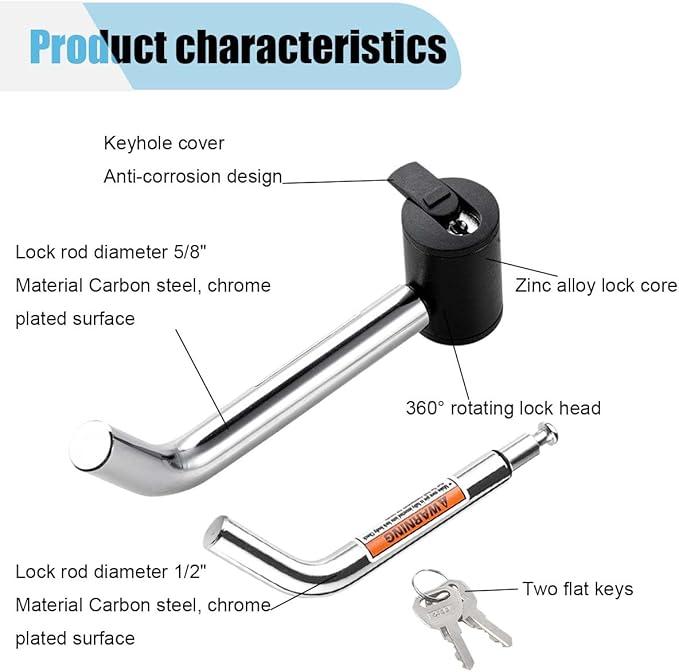 Trailer Hitch Receiver Pin Lock, Anti-Theft Dual Bent Locking Pin for 1-1/4" 2" and 2-1/2" Receivers, 1/2" and 5/8" Diameter Pin Receiver, Class I, II, III, IV and V Hitch Pin Receiver