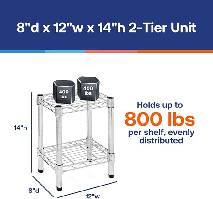 Shelving Inc. 8" d x 12" w Chrome Wire Shelving with 2 Tier Shelves, Weight Capacity 800lbs Per Shelf