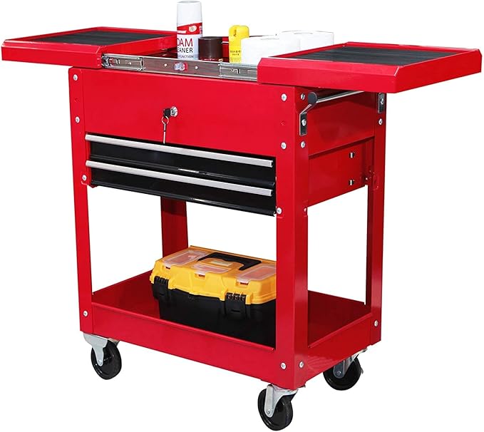 Wolf Rolling Garage Workshop Tool Organizer: 2 Drawer Tool Chest Tray with Top Work Surface and Storage Push Cart, Red, Large