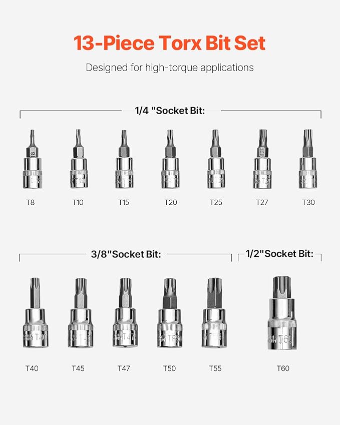 VEVOR Torx Bit Socket Set, 13-Piece Star T8 - T60 Set, S2 Alloy Steel and Cr-V Steel, 1/4 in, 3/8 in, and 1/2 in Drives, with Enhanced Storage Case, Torx Sockets for Hand Use, Mechanics, Auto Repair