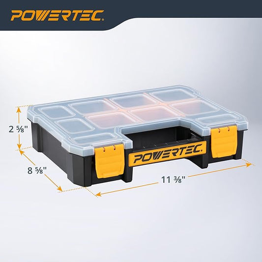 POWERTEC Small Parts Organizer & Tool Box – 10 Compartments, Stackable Storage with Removable Dividers, Clear Lid, Portable Design (72117)