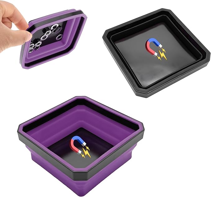 Collapsible Magnetic Parts Tray, 4.5 Inch Foldable Magnetic Square Silicone Tray, Tool Tray Set with Double-Sided Magnetic Base for Screw Bolts Nuts Pins, Car Accessories (Black+Purple, 2PCS)
