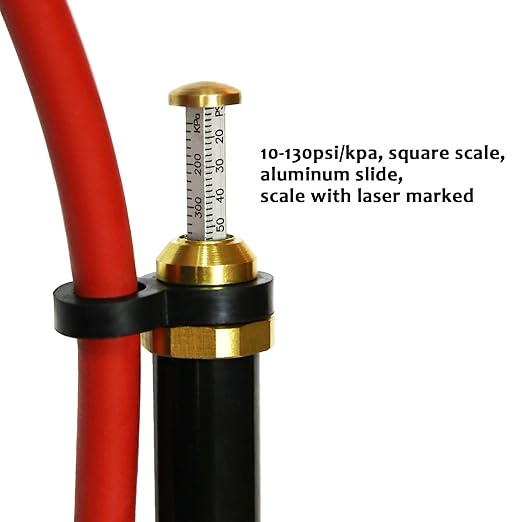 MEASUREMAN Heavy Duty Bayonet Style Tire Inflator, Aluminum Body, 20" Red Hose, Clip On Air Chuck, Aluminum Slide, Range 10-130psi/kpa