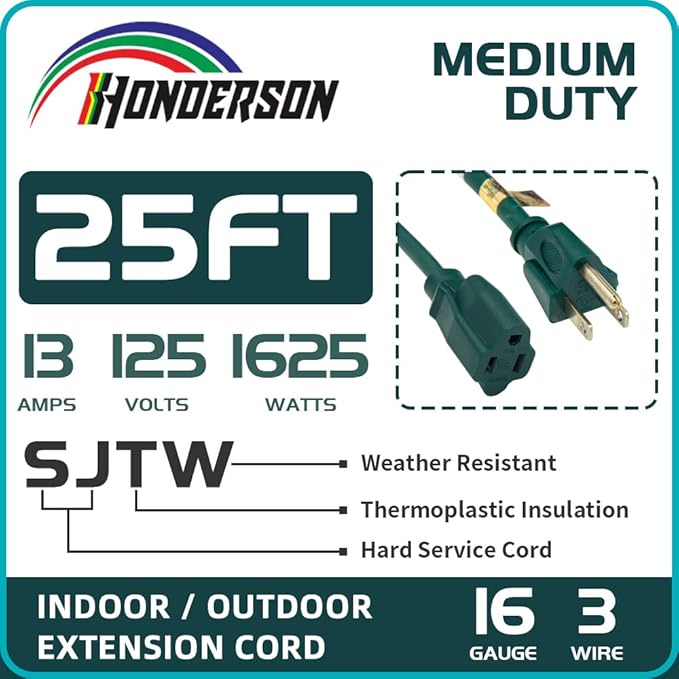 25FT Outdoor Extension Cord-16/3 SJTW Durable Green Extension Cable with 3 Prong Grounded Plug for Safety,Great for Outside Christmas Decorations