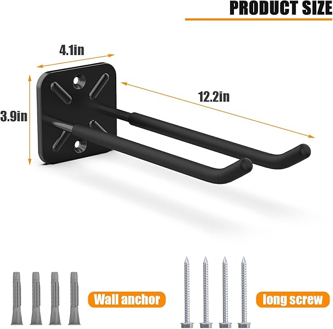 Garage Hooks, Heavy Duty Garage Hooks -12.4 Inch Wall Mount Hangers for Chairs, Power Tools, Garden Tools, Tires & More - Max 120 lbs (2-Pack)