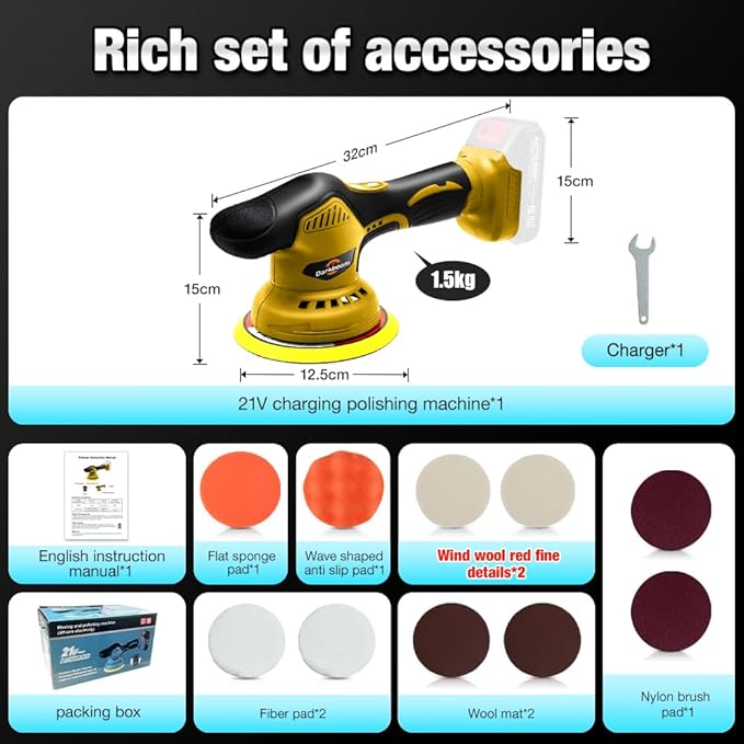 Cordless Buffer Polisher 6 inch with 8 discs for polishing, fits Dewalts 20V battery and 6 variable speed from 2200RPM to 5500RPM cordless sander, for Car Detailing/Polishing