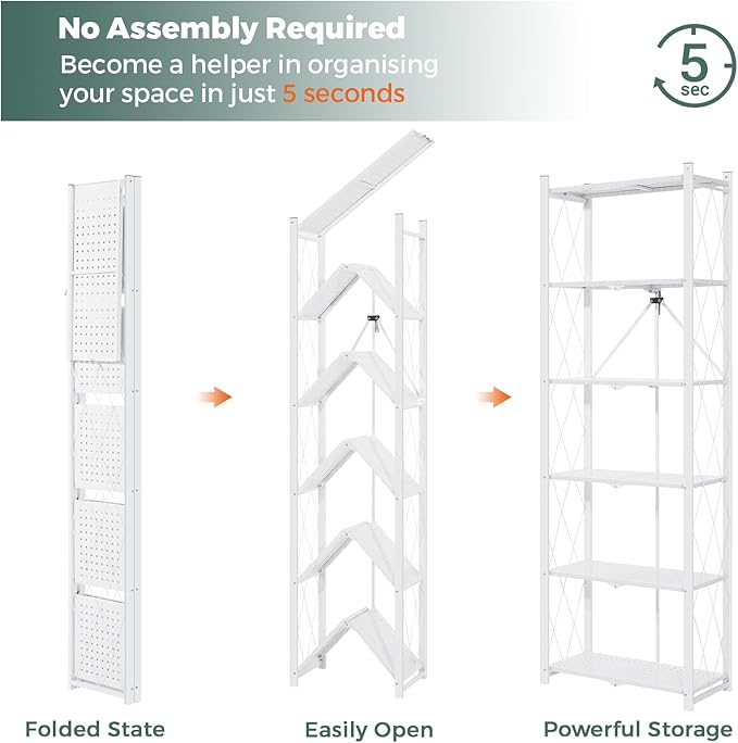 DEANIC 6-Shelf Folding Bookcase with Wheels, Heavy Duty Storage Shelves, Freestanding Metal Wire Shelving Unit for Living Room, Office, Kitchen, Basement, Pantry (White 2 Pack)