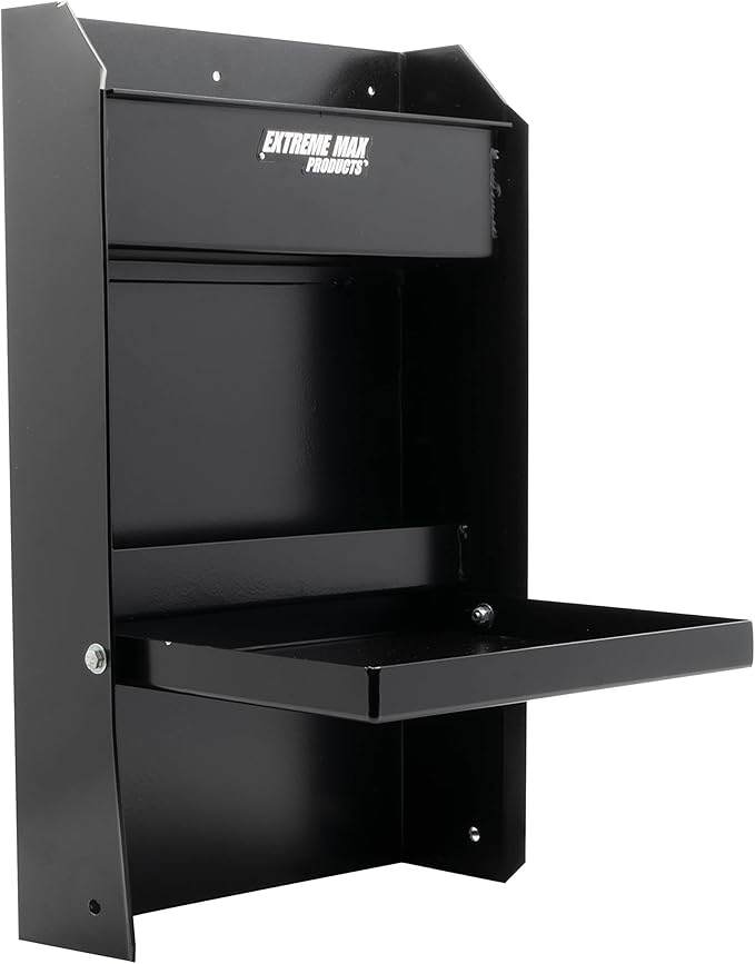 Extreme Max 5001.6119 Junior Wall-Mount Aluminum Work Station Storage Cabinet Flip-Out Work Tray with Paper Towel Rack Organizer for Enclosed Race Trailer Shop Garage Storage - Black