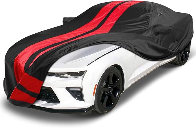 iCarCover Custom Car Cover Compatible with 2010-2024 Chevrolet Camaro LT, LS, RS, SS, Waterproof All Weather Rain Snow UV Sun Protector Full Exterior Indoor Outdoor Car Covers, Stripe (Black/Red)