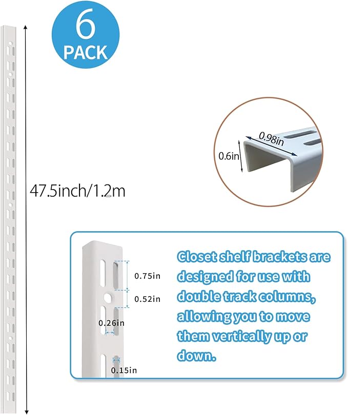 6‑Pack Dual‑Track Wall Shelf Rails – 47.5 in / 120 cm Heavy‑Duty Upright Standards for Adjustable Shelving in Pantries, Closets, Garages (White)
