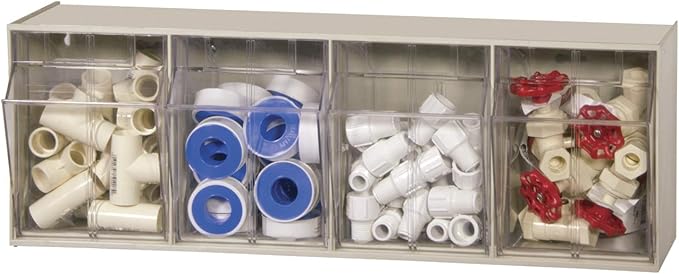 Akro-Mils TiltView Plastic Storage Cabinet with 4 Tilt Out Bins, Horizontal Plastic Parts Organizer, Teacher Toolbox, and Office Supply Organizer, 23-5/8" W x 8-3/16" H x 6-3/4" D, Stone