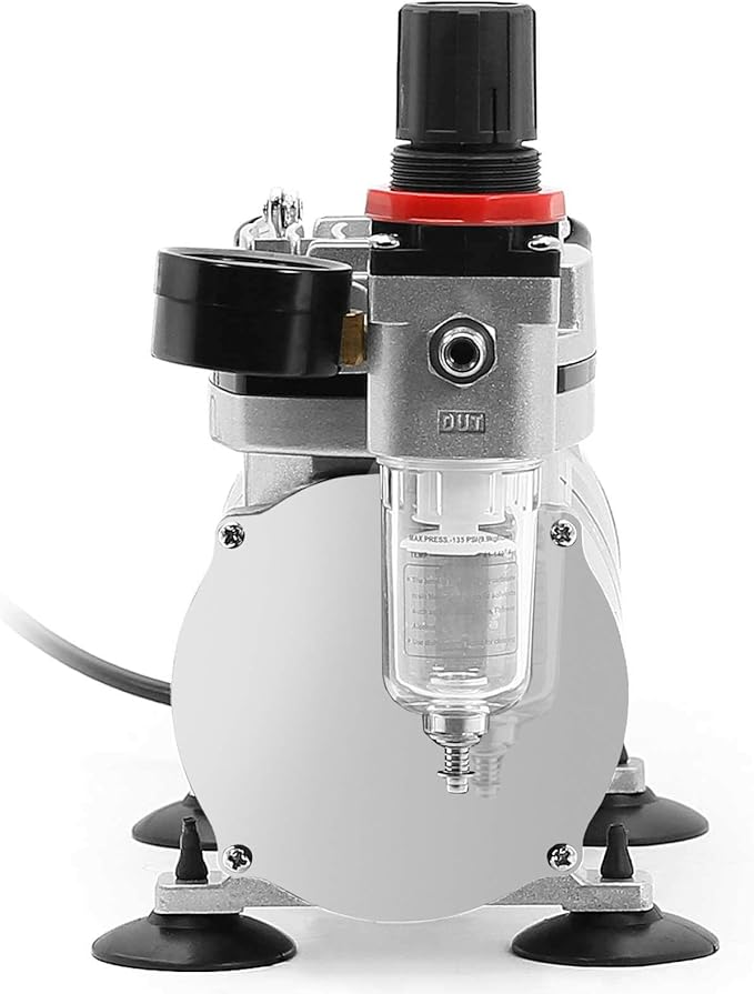 PointZero 1/5 HP Airbrush Compressor with Regulator, Gauge and Water Trap - Quiet Portable Air Pump Silver