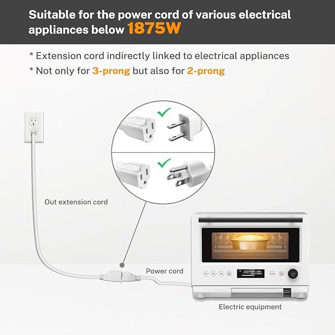 FIRMERST Short Extension Cord 1 Foot 14 Gauge 1875W White