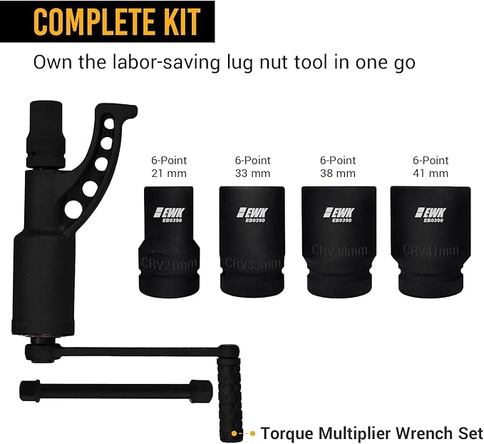 EWK 7-Piece 1" Drive Torque Multiplier Wrench Set, Heavy-Duty Lug Nut Remover with 21, 33, 38, 41mm Sockets for Semi Trucks, Buses, RVs, and Coaches