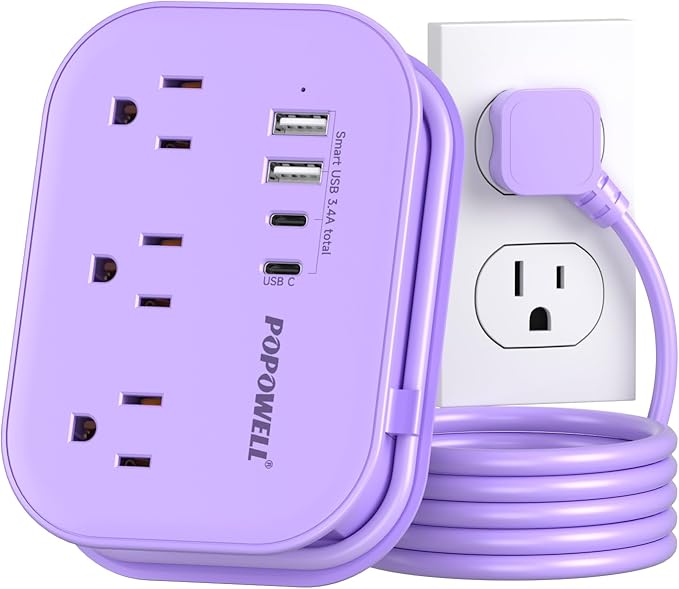Purple Extension Cord-, 5 FT Kawaii Travel Power Strip, 1250W Cute Extension Cord with 3 AC Outlet 4 USB Desktop Charging Station, Purple Desk Accessories for Cruise Essentials, Travel, Home, Dorm.