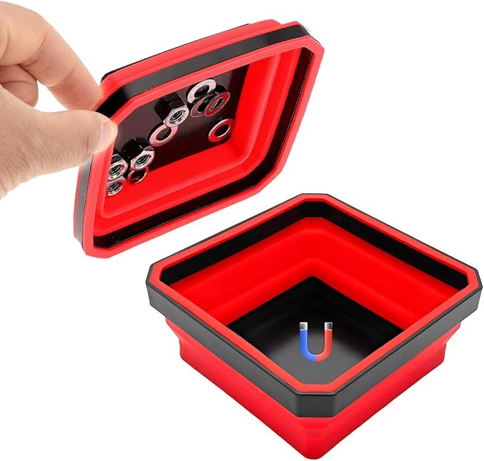 Collapsible Magnetic Parts Tray, 4.5" Square Silicone Tool Tray with Double-Sided Magnetic Base, Foldable Bowls Small Metal Parts Holder for Screws Bolts Nuts Washers (Red)