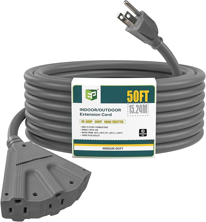 EP 50 Ft Outdoor Extension Cord with 3 Electrical Power Outlets - 16/3 SJTW Grey Cable with 3 Prong Grounded Plug for Safety Great for Christmas Lights, Garden and Major Appliances