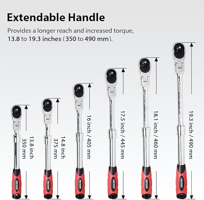 FIRSTINFO F3222ND Taiwan 1/2-Inch Drive Locking & Flexible Extendable Ratchet Wrench Reversible,Soft-Grip with 72-Tooth Geared Action (Length: 13.8-19.3 Inches)