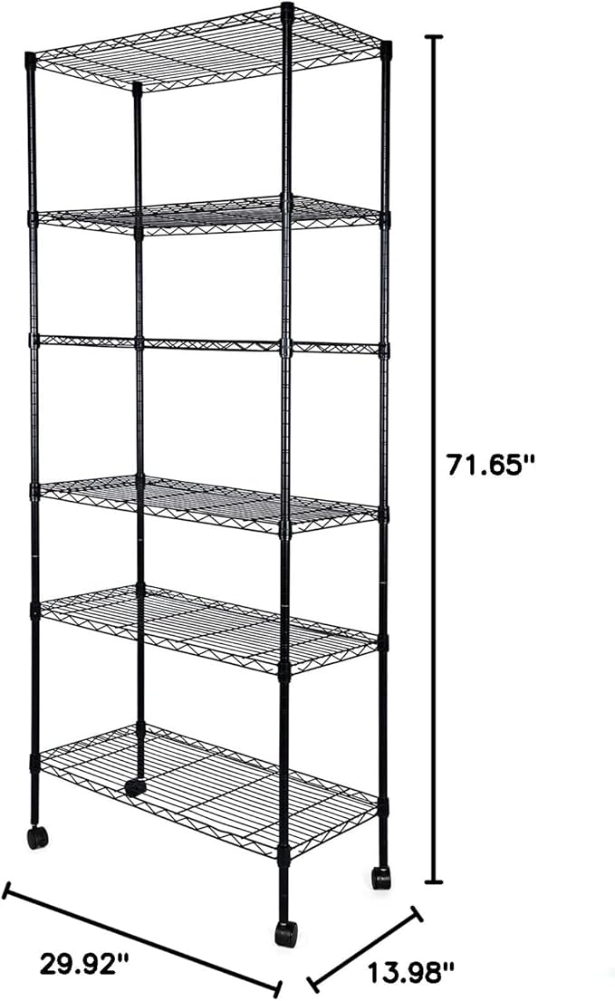 Simple Deluxe 6-Tier Shelving Units, 29.92'' W x 13.98'' D x 71.65'' H Adjustable Wire Shelving with Hanging Hooks and Wheels, Black