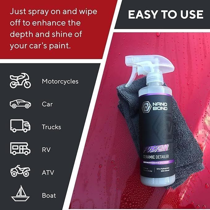 Nano Bond Hydrophobic Spray Ceramic Detailer - SiO2 Coating for Cars, RVs, Boats, Motorcycles, & ATVs, Headlight Restoration Kit Included, Professional Grade Sealant, Made In USA, 16 Fl Oz