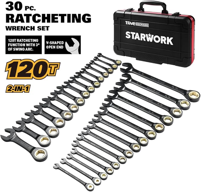 STARWORK TRUE MECHANIC™ 30-Piece 2-IN-1 Ratcheting Wrench Set, 120-Tooth, SAE&Metric, Gift Series with Black case, Professional