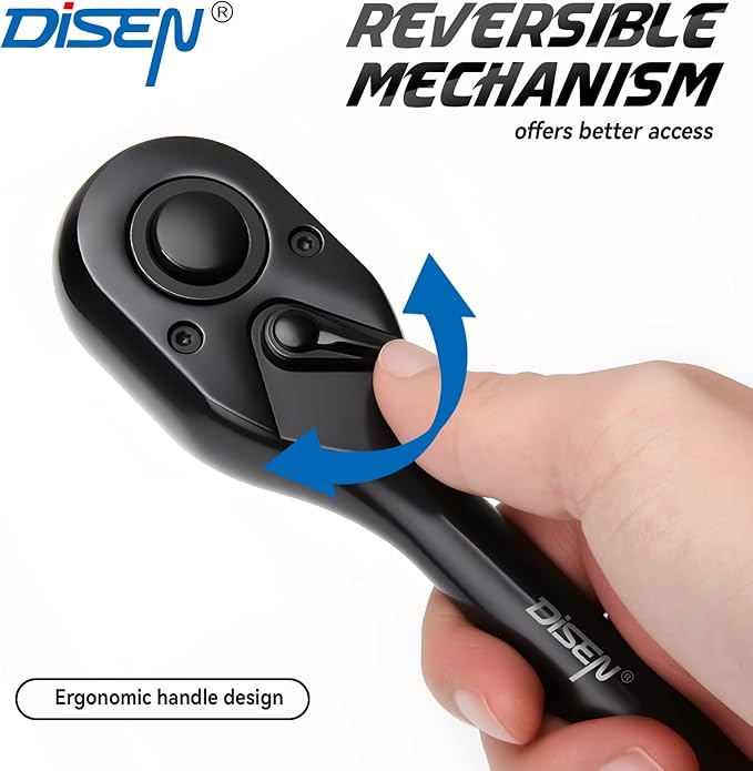 DISEN 3PCS Black Ratchet Wrench Set (1/2", 3/8", 1/4" Drive) - 90-Tooth Drive Ratchet Socket Wrench, Black Oxide Finish with Reversible Quick Release & EVA Tray - Industrial Ratchet Wrench Kit