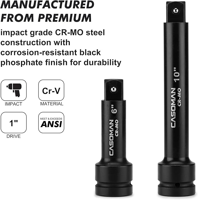 CASOMAN 1-Inch Drive Impact Extension Bars, Length: 6" & 10", Impact Socket Extension, CR-MO Steel