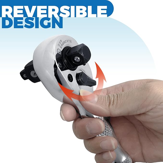 3-in-1 Stubby Ratchet Handle, 1/4 ", 3/8 ", 1/2" Drive Ratchet Wrench, 72-Tooth, Reversible Switch, Full-Polished Chrome Plating, Chromium Vanadium Steel