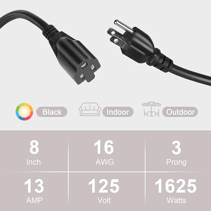 KUNLUN 10 Pack Short Extension Cord, 3 Prong 8-Inch Small Extension Cord Outlet Saver 16AWG/13A for Indoor Outdoor Use, NEMA 5-15P to NEMA 5-15R Power Extension Cable