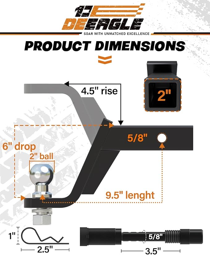 DEEAGLE 2 in Ball Hitch with Pin, Heavy Duty Steel Receiver Hitch with 3.5” Hitch Pin Lock, Fits 2 in Receiver, 7500lbs, 6 in Drop