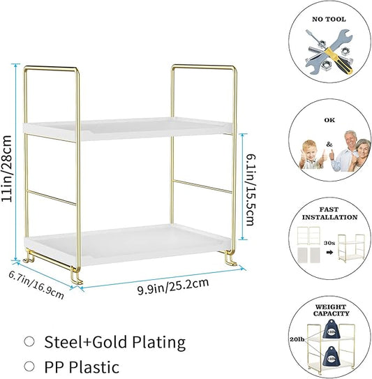 2-Tier Bathroom Countertop Organizer Perfume Organizer Makeup Shelf Bedroom Storage Tray or Kitchen Spice Rack (Gold)