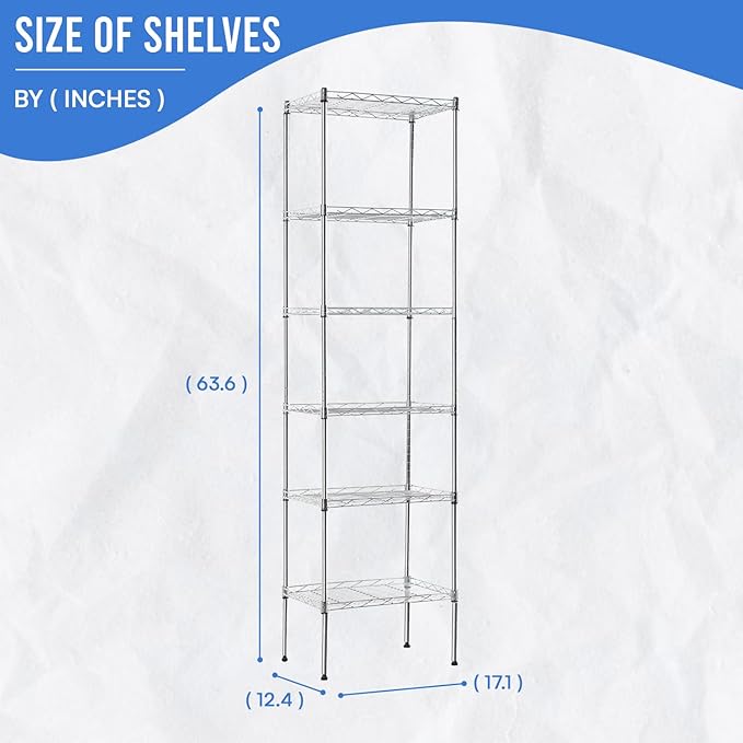 PayLessHere | 6-Tier Wire Shelf | 17"x12"x64" | Chrome | Adjustable Racks | Heavy-Duty Storage Shelves, Holds Upto 600 lbs | Rust-Resistant, No-Tool Assembly | for Home, Garage Shelving